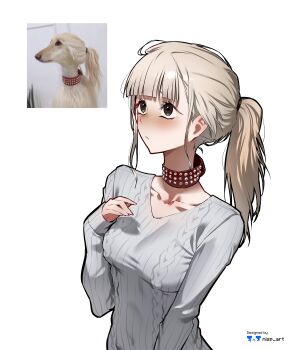 1girl absurdres artist_logo artist_name blonde_hair blush collar collarbone dog highres logo long_sleeves nisp_art original personification photo_inset ponytail reference_inset ribbed_sweater shirt simple_background sweater white_background