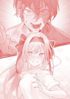 1boy 1girl bare_shoulders blood blood_from_mouth blush breasts chris_esse_eisbert clenched_teeth collarbone commentary_request danshi_kinsei_game_sekai_de_ore_ga_yarubeki_yuiitsu_no_koto_yuri_no_ma_ni_hasamaru_otoko_to_shite_tensei_shite_shimaimashita earrings hairband haishiki jewelry large_breasts long_hair monochrome multiple_piercings novel_illustration official_art sanjou_hiiro sweat teeth trembling