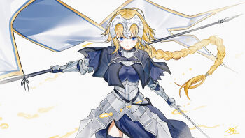 1girl armor armored_dress asymmetrical_dual_wielding banner blonde_hair blue_capelet blue_dress blue_eyes braid capelet commentary cowboy_shot dress dual_wielding fate/apocrypha fate_(series) faulds floating_hair gauntlets headpiece highres holding holding_banner holding_polearm holding_sword holding_weapon jeanne_d'arc_(fate) jeanne_d'arc_(ruler)_(fate) long_hair looking_at_viewer plackart polearm simple_background solo straight-on sword sword_of_st._catherine_(fate) thighhighs very_long_hair weapon white_background yisjhui zettai_ryouiki