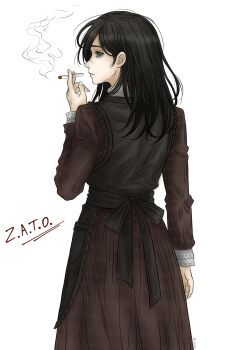 1girl absurdres apron arm_at_side black_apron black_hair brown_dress cigarette closed_mouth commentary copyright_name dress empty_eyes fingernails from_behind green_eyes hand_up highres holding holding_cigarette ira_grachevskaya long_hair long_sleeves school_uniform simple_background smoke smoking solo souel soviet_school_uniform turning_head white_background z.a.t.o._//_i_love_the_world_and_everything_in_it