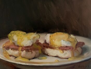 Rule 34 | brown background, commentary, egg (food), egg yolk, english commentary, english muffin, food, food focus, highres, meat, no humans, noah verrier, oil painting (medium), original, painting (medium), plate, realistic, signature, traditional media