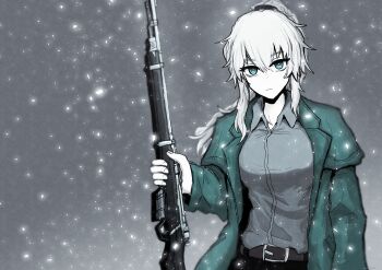 1girl absurdres blue_eyes bolt_action breasts closed_mouth commentary gun hair_between_eyes highres holding holding_gun holding_weapon long_hair long_sleeves looking_at_viewer nozy_karl original rifle shirt sniper_rifle solo weapon white_hair