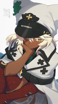 1girl animal_hat bandaged_arm bandaged_leg bandages belt black_belt blonde_hair cape cat_hat collared_cape dark-skinned_female dark_skin guilty_gear guilty_gear_strive hand_on_own_chin hat hata4564 head_rest highres long_hair military_hat ramlethal_valentine red_bandage simple_background sitting solo thigh_strap white_background white_cape white_hat yellow_eyes
