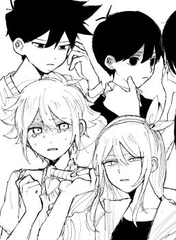 1girl 4boys antenna_hair aubrey_(faraway)_(omori) aubrey_(omori) bags_under_eyes baseball_bat basil_(faraway)_(omori) basil_(omori) bow_hairband clenched_teeth closed_mouth collared_shirt crying crying_with_eyes_open double-parted_bangs empty_eyes face-to-face finger_to_another's_cheek flipped_hair frown greyscale hair_behind_ear hair_between_eyes hairband half-closed_eyes hand_on_own_cheek hand_on_own_face hand_up hatching_(texture) hero_(faraway)_(omori) hero_(omori) high_contrast highres holding holding_baseball_bat jacket kel_(faraway)_(omori) kel_(omori) layered_sleeves long_hair long_sleeves looking_at_another looking_at_viewer monochrome multiple_boys no_pupils omori open_clothes open_jacket sailor_collar shaded_face shirt short-sleeved_jacket short_hair short_sleeves sidelocks simple_background sunny_(omori) sweater_vest tears teeth upper_body very_short_hair watya_wacha white_background