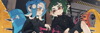 1boy 1girl black_jacket black_pants black_shorts blaster_(splatoon) blue_hair clenched_teeth closed_mouth commission earrings film_grain furrowed_brow green_hair half-closed_eye hand_on_own_cheek hand_on_own_face hand_up head_rest heavy_splatling_(splatoon) highres inkling_boy inkling_player_character jacket jewelry kneeling leaning_on_weapon light_particles long_hair looking_at_another nintendo octoling_girl octoling_player_character pants pointy_ears prat_rat red_eyes short_hair shorts single_earring sitting smile splatoon_(series) splatoon_3 suction_cups teeth tentacle_hair thick_eyebrows torn_clothes torn_pants watermark yellow_eyes zipper zipper_pull_tab