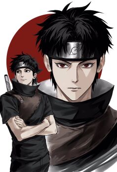 1boy black_hair closed_mouth crossed_arms forehead_protector high_collar highres konohagakure_symbol light_smile looking_at_viewer looking_to_the_side male_focus multiple_views naruto_(series) naruto_shippuuden red_eyes sharingan short_hair simple_background solo sso_s uchiha_shisui weapon weapon_on_back