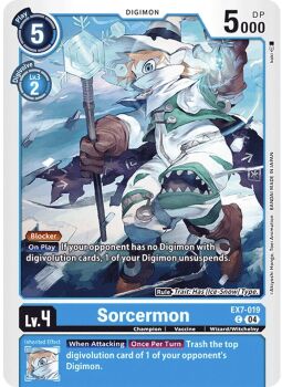 blue_theme coat cold cryokinesis digimon digimon_card_game dynamic_pose fantasy full_body gloves magic official_art scarf snow sorcermon staff trading_card winter winter_clothes wizard