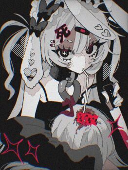 1girl animal_ears bandaid bandaid_hair_ornament bare_shoulders black_bow black_cape black_choker black_eyes blood bow cannibalism cape choker cross-shaped_pupils drinking_straw drinking_straw_in_mouth frilled_hairband frills hair_between_eyes hair_bow hair_ornament hairband holding holding_knife jacket knife off-shoulder_jacket off_shoulder open_clothes open_jacket original rabbit_ears short_hair solo sparkle symbol-shaped_pupils tabun_ningen white_hair white_hairband
