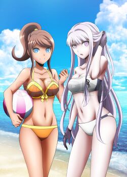 2girls artist_request asahina_aoi ball beach beachball bikini blue_eyes blue_sky breasts brown_hair cleavage clenched_hand closed_mouth cloud collar cowboy_shot danganronpa_(series) danganronpa_3_(anime) dark-skinned_female dark_skin day eyelashes gloves hand_in_own_hair highres holding holding_ball kirigiri_kyoko long_hair multiple_girls navel official_art open_mouth orange_bikini outdoors pale_skin ponytail purple_eyes purple_gloves purple_hair sample_watermark shore sidelocks sky smile split_mouth stomach swimsuit tan teeth third-party_source upper_teeth_only water watermark white_bikini