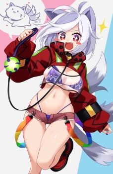 1girl alternate_costume animal_collar animal_ears antenna_hair armband bikini black_armband blue_background blue_nails blush_stickers breasts collar collared_shrug commentary_request fang frilled_skirt frills gold_buckle grey_hair heart high-visibility_clothing holding_own_leash large_breasts leash long_sleeves microskirt mitsugashira_enoko mitsugashira_enoko_(dog) muchin_jousha multicolored_hair multiple_tails name_tag open_fly pink_background puffy_long_sleeves puffy_sleeves purple_bikini purple_collar rainbow_print red_eyes red_footwear red_shrug red_skirt shrug_(clothing) skirt smile solo sparkling_eyes speech_bubble spoken_character spoken_heart strap striped_background swept_bangs swimsuit tail tongue tongue_out touhou two-tone_hair v-shaped_eyebrows white_background white_hair wolf_ears wolf_girl wolf_tail