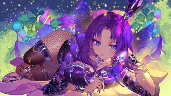Rule 34 | 1girl, arm belt, belt, black belt, black nails, blue eyes, breasts, cha cha (vtuber), cleavage, closed mouth, collarbone, fairy wings, fishnet pantyhose, fishnets, flower, highres, holding, holding wand, indie virtual youtuber, lips, long hair, mole, mole under mouth, orange sekaii, pantyhose, pink flower, purple hair, second-party source, solo, spiked cuffs, thigh belt, thigh strap, virtual youtuber, wand, wings