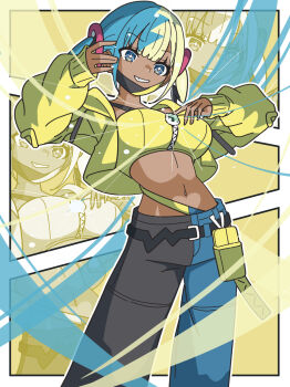 1girl aqua_hair bandeau belt black_belt black_mask black_pants blonde_hair blue_eyes blue_pants breasts canari_(pokemon) criss-cross_straps dark-skinned_female dark_skin highres jacket kanbei_(pixiv11037490) large_breasts long_sleeves looking_at_viewer mask mask_pull mega_stone mouth_mask multicolored_hair navel nintendo open_mouth pants pokemon pokemon_legends:_z-a short_twintails smile split-color_hair sports_bra stomach teeth twintails two-tone_hair two-tone_mask two-tone_pants yellow_bandeau yellow_jacket yellow_mask yellow_sports_bra zoom_layer
