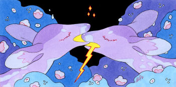 above_clouds animal animal_focus baby_animal biting black_background blue_clouds closed_eyes cloud cloudy_sky commentary deer english_commentary fawn fleebites flower kiss lightning night no_humans open_mouth original oversized_animal pink_flower portrait purple_clouds purple_fur signature simple_background sky sparkle storm surreal traditional_media yellow_light