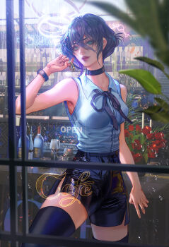 1girl alcohol bar_(place) bare_shoulders black_choker black_ribbon black_shorts black_thighhighs blue_hair blurry blurry_foreground bottle breasts cafe chainsaw_man choker collared_shirt fan_yang_(jiuge) flower green_eyes hair_between_eyes high-waist_shorts highres holding holding_jewelry holding_ring indoors jewelry leaf liquor looking_at_viewer medium_breasts neck_ribbon parted_lips plant pulling red_flower red_tulip reze_(chainsaw_man) ribbon ring shirt short_hair shorts sleeveless sleeveless_shirt solo thighhighs tulip white_shirt wristband