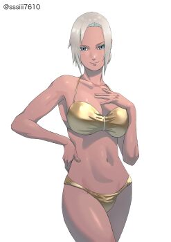 1girl absurdres artist_name bikini blue_eyes breasts collarbone commission cowboy_shot dark-skinned_female dark_skin earrings fingernails gold_bikini grey_hair hair_bun hand_on_own_hip hands_on_own_chest highres jewelry large_breasts looking_at_viewer mabui_(naruto) naruto_(series) naruto_shippuuden navel pixiv_commission sidelocks simple_background smile solo sssiii7610 swimsuit white_background