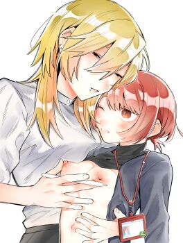 2girls absurdres black_shirt blonde_hair breasts commentary_request earrings face_piercing grabbing_another&#039;s_breast groping half-closed_eyes height_difference highres holding holding_stylus id_card jewelry lanyard lip_piercing long_hair multiple_girls nipples one_eye_closed original parted_lips piercing red_eyes red_hair shirt short_hair simple_background small_breasts smile stud_earrings stylus suzuo_(zuo) upper_body white_background white_shirt yuri