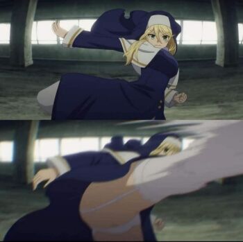 1girl blonde_hair blue_dress blue_headdress blue_skirt breasts capelet closed_mouth dress engage_kiss female_focus garter_straps green_eyes headdress incoming_kick kicking kneehighs large_breasts legs long_hair long_skirt long_sleeves looking_at_viewer nun panties sexually_suggestive sharon_holygrail skirt smile socks solo solo_focus stitched thighhighs thighs thighs_focus third-party_edit underwear upskirt white_capelet white_garter white_garter_straps white_panties white_thighhighs