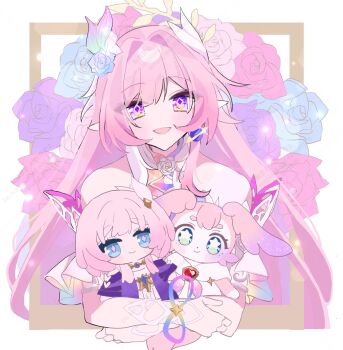 1girl bare_shoulders blue_flower blue_rose character_doll commentary_request cyrene_(aedes_elysiae)_(honkai:_star_rail) cyrene_(honkai:_star_rail) cyrene_(ripples_of_past_reverie)_(honkai:_star_rail) diamond-shaped_pupils diamond_(shape) doll earrings flower hair_flower hair_ornament highres holding holding_doll honkai:_star_rail honkai_(series) jewelry kanaria_(mint_tea1256) long_hair looking_at_viewer mem_(honkai:_star_rail) multicolored_hair pink_flower pink_hair pink_rose pointy_ears purple_eyes purple_flower purple_rose rose solo symbol-shaped_pupils two-tone_hair very_long_hair white_hair