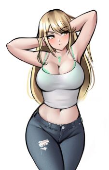 1girl arms_behind_head bare_shoulders blonde_hair blue_pants blush breasts chest_jewel collarbone commentary core_crystal_(xenoblade) cowboy_shot crop_top denim english_commentary highres jackary large_breasts long_hair midriff mythra_(xenoblade) navel pants shirt simple_background solo spaghetti_strap torn_clothes torn_pants white_background white_shirt xenoblade_chronicles_(series) xenoblade_chronicles_2 yellow_eyes