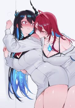 2girls absurdres ahoge asymmetrical_horns black_bra black_hair blue_fire blue_hair blush bra bra_peek breasts cleavage colored_inner_hair commentary double-parted_bangs dress elizabeth_rose_bloodflame fire fire_on_chest flower hair_between_eyes hands_up highres hololive hololive_english horn_flower horns huge_ahoge kissing_shoulder large_breasts long_hair looking_at_another miychi mole mole_under_eye multicolored_hair multiple_girls neckerchief nerissa_ravencroft off_shoulder paid_reward_available parted_lips red_eyes red_hair red_neckerchief shoulder_blush sidelocks simple_background single_hair_intake underwear uneven_horns very_long_hair virtual_youtuber white_background white_dress yuri