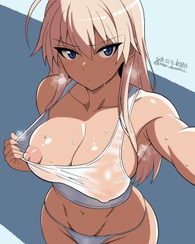 1girl absurdres ahoge blonde_hair blue_eyes blush breasts collarbone commentary_request dated hanna-justina_marseille highres large_breasts long_hair looking_at_viewer navel no_bra panties signature solo strike_witches sweat tank_top underwear unkai_daraku white_panties white_tank_top world_witches_series