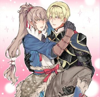 Rule 34 | 2boys, armor, black armor, blonde hair, carrying, fire emblem, fire emblem fates, highres, hitodama, jyuv, leo (fire emblem fates), long hair, looking at viewer, male focus, multiple boys, nintendo, pink background, princess carry, takumi (fire emblem), yaoi