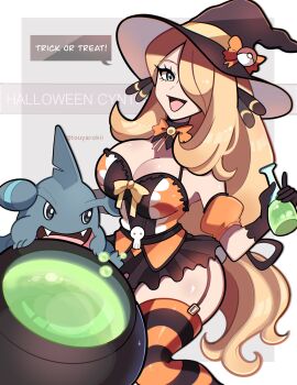 1girl alternate_costume black_gloves blonde_hair blush bow bowtie breasts cauldron cleavage cynthia_(pokemon) dress fangs garter_straps gen_4_pokemon gible gloves grey_eyes hair_ornament hair_over_one_eye halloween halloween_costume hat highres holding large_breasts long_hair long_sleeves looking_at_viewer nintendo open_mouth orange_bow orange_bowtie pokemon pokemon_(creature) pokemon_dppt short_dress smile speech_bubble striped_clothes striped_thighhighs thighhighs touyarokii trick_or_treat very_long_hair witch_hat