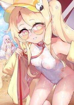 &gt;_&lt; 2girls :d absurdres animal_collar animal_ear_fluff animal_ears bare_shoulders bdsm beach belt_collar bikini blonde_hair blue_archive bodypaint breasts collar commentary english_commentary exhibitionism extra_ears feathered_wings feet_out_of_frame fingernails fox_ears fox_girl frilled_bikini frills grin halo hand_up highres jacket leash loli long_hair long_sleeves looking_at_viewer low_wings mika_(blue_archive) mika_(swimsuit)_(blue_archive) multiple_girls naked_jacket nipples off_shoulder official_alternate_costume open_mouth orange-tinted_eyewear outdoors painted_clothes parted_lips pink_hair pink_halo public_indecency pussy red_collar red_eyes sand sand_castle sand_sculpture seia_(blue_archive) seia_(swimsuit)_(blue_archive) side_ponytail slave small_breasts smile solo_focus sunglasses swimsuit teeth thighs tinted_eyewear variant_set very_long_hair visor_cap white_bikini white_wings wings xg_epee yellow_jacket yellow_visor