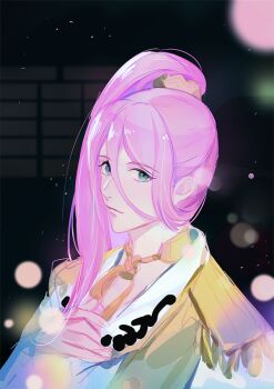 1boy androgynous blue_eyes closed_mouth commentary_request epaulettes eyelashes hachisuka_kotetsu hair_between_eyes jacket light_particles long_hair looking_at_viewer male_focus ncww_rinichi pink_hair ponytail solo touken_ranbu upper_body white_jacket