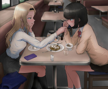 2girls aged_up black_hair black_hairband black_skirt black_socks blonde_hair bow bowtie brown_eyes cellphone collared_shirt desert dress_shirt eating elbow_rest feeding food fork from_side grey_skirt hairband hand_on_own_cheek hand_on_own_face head_rest highres ice_cream indoors kirarazaka_marina kneehighs kuze_shizuka long_hair long_sleeves looking_at_another miniskirt multiple_girls ndk_(24176709) phone pleated_skirt profile red_bow red_bowtie restaurant school_uniform shirt short_hair sitting skirt smartphone socks spoon sweater table takopii_no_genzai white_shirt wing_collar yellow_eyes yellow_sweater yuri