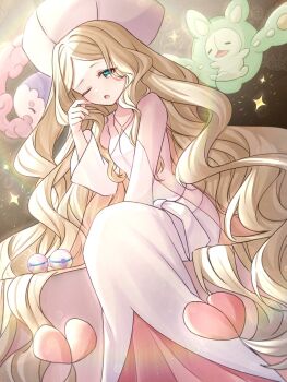 1girl :o bed_sheet behind_another blonde_hair brown_background caitlin_(pokemon) dappled_sunlight dress facing_to_the_side finger_to_cheek finger_to_face floating gen_5_pokemon green_eyes half-closed_eye hand_on_own_face hand_on_own_leg hat heal_ball highres indoors light_blush light_particles long_hair looking_ahead minazuki_miou musharna nightgown nintendo on_bed open_mouth parted_bangs pink_dress pink_hat pink_nightgown poke_ball pokemon pokemon_(creature) pokemon_bw reuniclus sitting sleepy sparkle sunlight very_long_hair waking_up wavy_hair white_dress white_nightgown