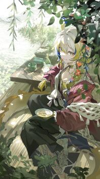 1girl absurdres alcohol arknights blonde_hair bloom blue_hair blue_horns bottle branch camisole choker colored_extremities colored_skin cup day dot_nose dragon_girl dragon_horns flower food fruit fruit_earrings green_eyes hair_between_eyes highres horns kawa683 long_hair looking_at_viewer official_alternate_costume outdoors peach pointy_ears sakazuki sake scenery shawl shu_(arknights) shu_(spring_feast)_(arknights) sitting smile solo teapot white_flower white_hair white_horns white_shawl yellow_camisole yellow_choker yellow_horns yellow_skin yokozuwari