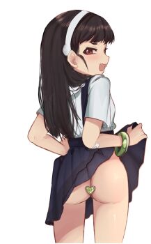 1girl anal anal_object_insertion ass black_hair bracelet butt_plug clothes_lift from_behind hachikuji_mayoi hairband highres jewelry lifting_own_clothes loli long_hair looking_at_viewer looking_back meemz_a monogatari_(series) object_insertion open_mouth sex_toy shirt simple_background skirt skirt_lift solo suspender_skirt suspenders white_background white_hairband