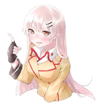 1girl black_gloves blush commentary girls'_frontline gloves highres long_hair shinoe_nun shirt simple_background skirt solo svd_(girls'_frontline) twintails white_background white_hair white_shirt yellow_eyes