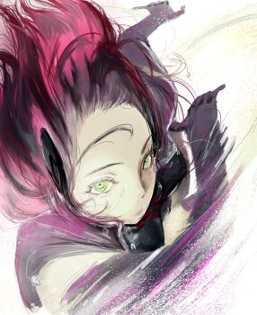 1girl absurdres charging_forward commentary elbow_gloves floating_hair forehead gloves green_eyes hair_floating_upwards headphones highres incoming_attack juju_(poipoipui) katori_squad&#039;s_uniform katori_youko long_hair looking_at_viewer outstretched_arm purple_gloves purple_thighhighs red_hair solo thighhighs white_background world_trigger