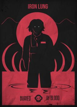 Rule 34 | 1boy, copyright name, diving suit, empty eyes, english text, facing viewer, highres, iron lung (movie), limited palette, male focus, red theme, ripples, shaded face, simon (iron lung), solo, standing, vector victor v, wading