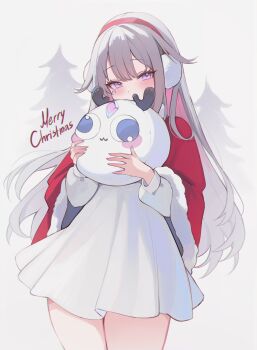 1girl absurdres alternate_costume center-flap_bangs cloak colored_inner_hair commentary cowboy_shot double-parted_bangs dress earmuffs english_commentary fur-trimmed_cloak fur_trim gradient_hair grey_hair hair_flaps highres holding hololive hololive_english jewel_under_eye koahri koseki_bijou long_hair looking_at_viewer multicolored_hair pebble pink_hair purple_eyes red_cloak short_dress simple_background solo very_long_hair virtual_youtuber white_background white_dress