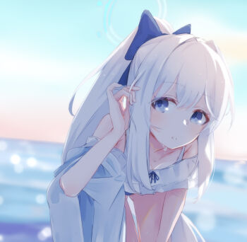 Rule 34 | alakoala, blue archive, blue bow, blue eyes, blue halo, blue one-piece swimsuit, blue sky, blush, bow, breasts, cleavage, cloud, collarbone, commentary request, cowboy shot, double-parted bangs, dutch angle, frilled one-piece swimsuit, frills, gradient sky, hair between eyes, hair bow, halo, horizon, leaning forward, long hair, looking at viewer, miyako (blue archive), miyako (swimsuit) (blue archive), ocean, official alternate costume, one-piece swimsuit, open mouth, orange sky, ponytail, sidelocks, sky, swimsuit, very long hair, water, white hair
