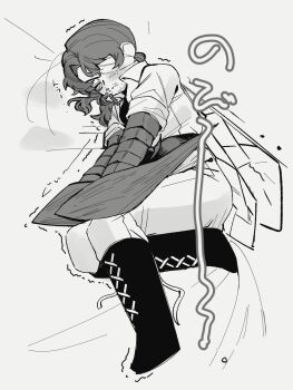 Rule 34 | 1boy, absurdres, antenna hair, antennae, arthropod boy, arthropod limbs, bandage on face, bandage over one eye, bandaged head, bandages, bed, bed sheet, blush, boots, closed eyes, closed mouth, cockroach boy, collared jacket, embarrassed, eyepatch, facial hair, from above, from side, full body, g corp. (identity) (project moon), gregor (project moon), greyscale, hair between eyes, hair over one eye, highres, jacket, knee boots, lace-up boots, limbus company, long hair, long sleeves, low ponytail, lying, male focus, medical eyepatch, monochrome, monster boy, motion lines, official alternate costume, on bed, on side, one eye covered, pants, parted bangs, ponytail, project moon, shirt, simple background, sleeves rolled up, solo, stubble, sweater, trembling, turtleneck, turtleneck sweater, white background, wings