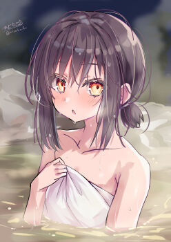 1girl absurdres alternate_eye_color bathing blush breasts brown_hair collarbone commentary_request fubuki_(kancolle) hair_between_eyes highres hizaka kantai_collection low_ponytail medium_hair naked_towel one-hour_drawing_challenge onsen open_mouth partially_submerged ponytail red_eyes sidelocks signature small_breasts solo towel twitter_username upper_body wet