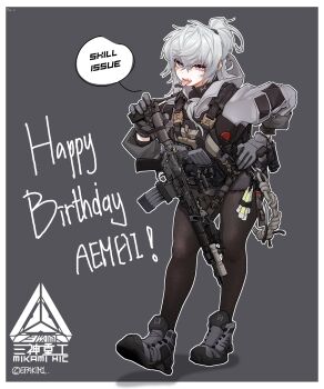 1girl absurdres ar-15 artist_name assault_rifle black_pantyhose borrowed_character bulletproof_vest commentary english_text epakim fang full_body grey_background grey_hoodie grey_shoes gun hand_on_own_hip happy_birthday highres hood hoodie long_hair open_mouth original pantyhose purple_eyes rifle shoes sneakers solo speech_bubble tactical_clothes teeth tongue tongue_out twitter_username upper_teeth_only weapon white_hair