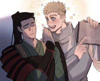 2boys armor black_hair blonde_hair blue_eyes blush book bracer closed_eyes closed_mouth commentary_request dilated_pupils dungeon_meshi green_kimono hands_up happy_aura highres holding holding_book japanese_armor japanese_clothes kimono laios_touden looking_at_another male_focus multiple_boys open_mouth pointing ponytail sefarlen02 short_hair shoulder_armor shurou sode thai_commentary undercut upper_body very_short_hair white_background