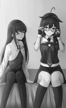 2girls absurdres ahoge asashio_(kancolle) asashio_kai_ni_(kancolle) bed_sheet belt black_hair black_serafuku black_socks blush commentary english_commentary fingerless_gloves glasses gloves hair_ornament highres kantai_collection kuneamorai long_hair monochrome multiple_girls school_uniform serafuku shigure_(kancolle) shigure_kai_ni_(kancolle) side_ponytail skirt socks thighhighs