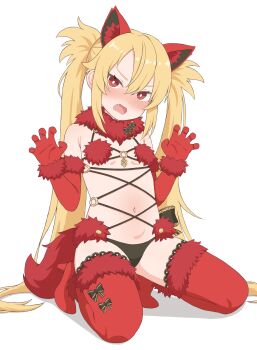 1girl absurdres aged_down angelica_rapha_redgrave animal_ears bikini blonde_hair breasts cat_ears commentary commission cosplay english_commentary fake_animal_ears fang fate/grand_order fate_(series) female_focus gloves highres loli looking_at_viewer mash_kyrielight mash_kyrielight_(dangerous_beast) mash_kyrielight_(dangerous_beast)_(cosplay) navel otome_game_sekai_wa_mob_ni_kibishii_sekai_desu pixiv_commission red_eyes red_gloves shy small_breasts solo swimsuit tail tooteki tsurime twintails white_background