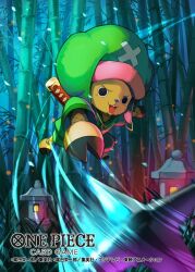 Rule 34 | 1boy, attack, bamboo, bamboo forest, blue nose, commentary request, copyright name, cross, forest, full body, green jumpsuit, hat, hooded jumpsuit, jumpsuit, looking to the side, male focus, muraicchi (momocchi), nature, official art, one piece, one piece card game, shuriken, smile, solo, sword, tony tony chopper, weapon, weapon on back