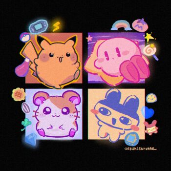 artist_name black_background candy clover commentary_request diamond_(gemstone) flower food four-leaf_clover game_boy_advance game_boy_advance_(original) gen_1_pokemon hamster hamtaro hamtaro_(series) handheld_game_console heart ketchup_bottle kirby kirby_(series) lollipop mametchi maxim_tomato nintendo no_humans oedede pikachu poke_ball poke_ball_(basic) pokemon pokemon_(creature) rainbow seed sitting smile star_(symbol) sunflower sunflower_seed tamagotchi tamagotchi_(creature) tamagotchi_(virtual_pet) virtual_pet_(toy)