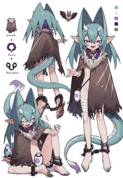 1girl absurdres aqua_hair bandaged_leg bandages barefoot bat_(animal) bead_necklace beads bound_ankles brown_cloak choko_(cup) cloak color_guide commentary_request cuffs cup dirty dirty_feet fangs feet full_body hair_between_eyes hair_intakes highres holding holding_cup horns huge_filesize jewelry knee_up large_ears medium_hair multiple_views naked_cloak necklace offering_hand open_mouth original pointy_ears prayer_beads purple_eyes reference_sheet shackles simple_background sitting smile soles standing tail tokkuri torn_cloak torn_clothes tsurime turnaround white_background zizi_niisan