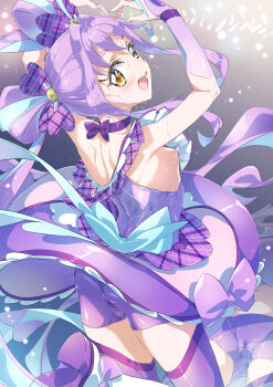 1girl absurdres ahoge armpits arms_up ass bare_shoulders bike_shorts bike_shorts_under_skirt blue_hair blush bow bow_choker breasts bridal_gauntlets cameltoe choker commentary_request covered_erect_nipples cure_kyunkyun dancing dress from_behind hair_bow hair_rings highres impossible_clothes kimi_to_idol_precure long_hair looking_at_viewer magical_girl multicolored_hair niko_(tama) open_mouth plaid_bow pointy_breasts precure purple_bow purple_bridal_gauntlets purple_choker purple_dress purple_hair purple_shorts purple_thighhighs shiny_clothes shiny_skin shorts sideboob smile solo sweat thighhighs twintails two-tone_hair yellow_eyes