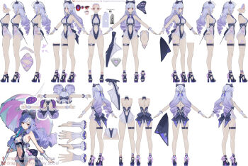 1girl bow casual_one-piece_swimsuit hair_bow highleg highleg_one-piece_swimsuit holding holding_umbrella long_hair navel official_alternate_costume official_art one-piece_swimsuit platform_heels platform_sandals pointy_ears purple_eyes purple_nails red_eyes reference_sheet sandals swimsuit umbrella vivian_banshee vivian_banshee_(iris_of_the_shore) zenless_zone_zero