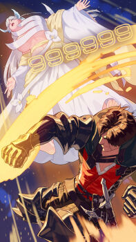 absurdres black_gauntlets black_hair blonde_hair clive_rosfield commentary_request commission crossover damage_numbers final_fantasy final_fantasy_xvi hazurewaku_no_joutai_ijou_skill_de_saikyou_ni_natta_ore_ga_subete_wo_juurin_suru_made highres navel pixiv_commission punching revision saliva scar scar_on_face scene_reference sword vicius_(hazurewaku_no_joutai) weapon yagi2013